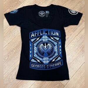 Affliction Black Women's V-Neck Tee with Blue Graphic - Georges St-Pierre Motif
